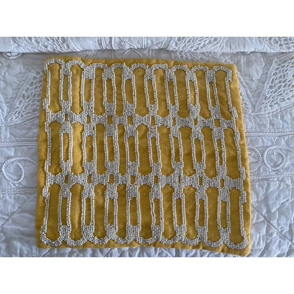 Vintage Pier 1 Beaded Pillow‎ Cover Yellow Excellent Condition Logo Pull 11x11